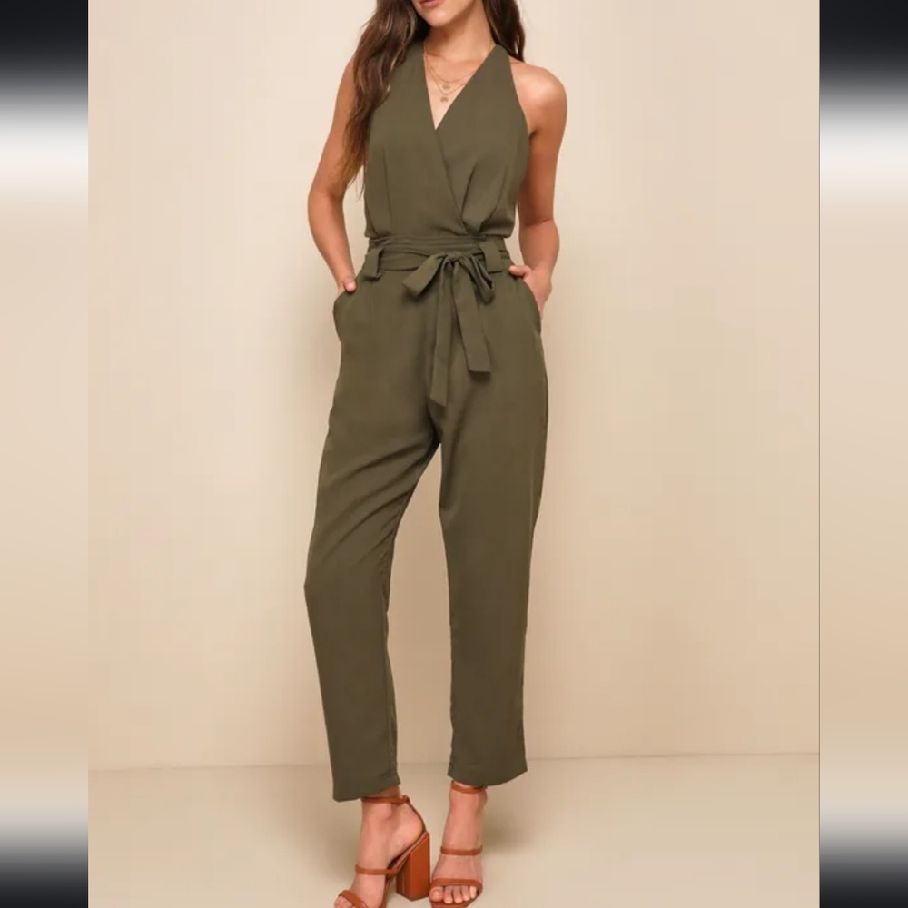 Lulu's Olive Green Halter Jumpsuit